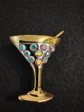 Gold Martini Glass Brooch with Iridescent Stones